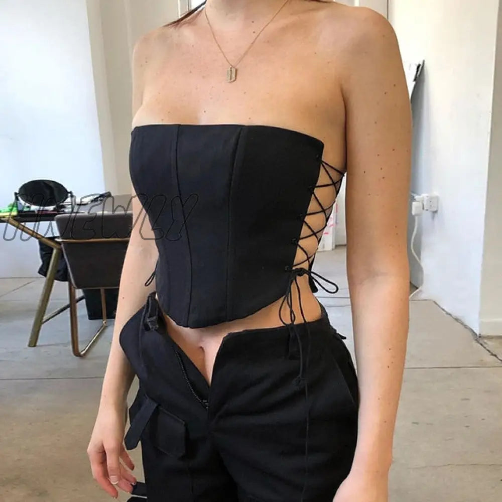 Hnewly Off Shoulder Strapless Lace Up Sexy Bustier Corset Crop Tops For Women Black Sleeveless Vest