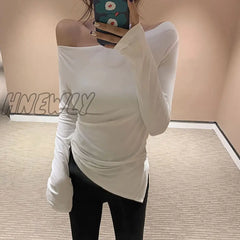 Hnewly Off Shoulder Tshirt Woman Backless Sexy T Shirt Women T-Shirt Long Sleeve Korean Style Slim