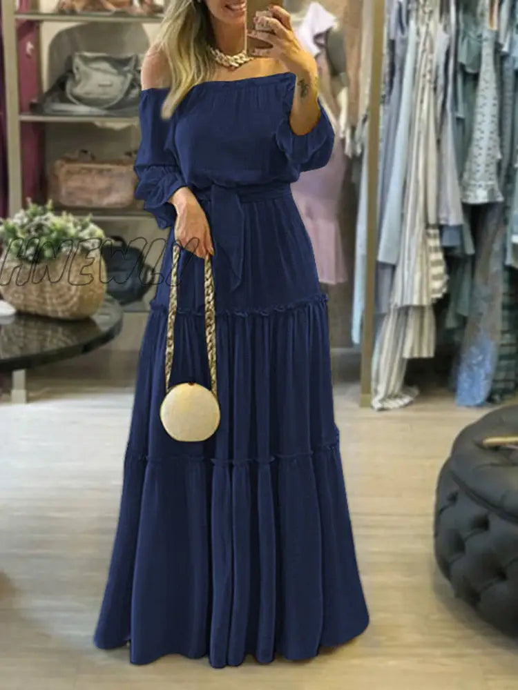 Hnewly Off Shoulder Vestidos Female Lace Up Belted Dresses Beach Holiday Ruffle Robe Womens