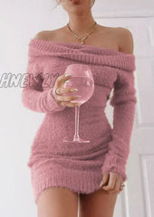 Hnewly Off Shoulder Women Sweater Bodycon Dress Sexy French Knitted Long Sleeve Pink Y2K Vintage