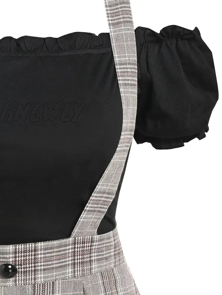 Hnewly Off The Shoulder Tee And Crisscross Plaid Suspender Skirt Set Two Piece Dress Top