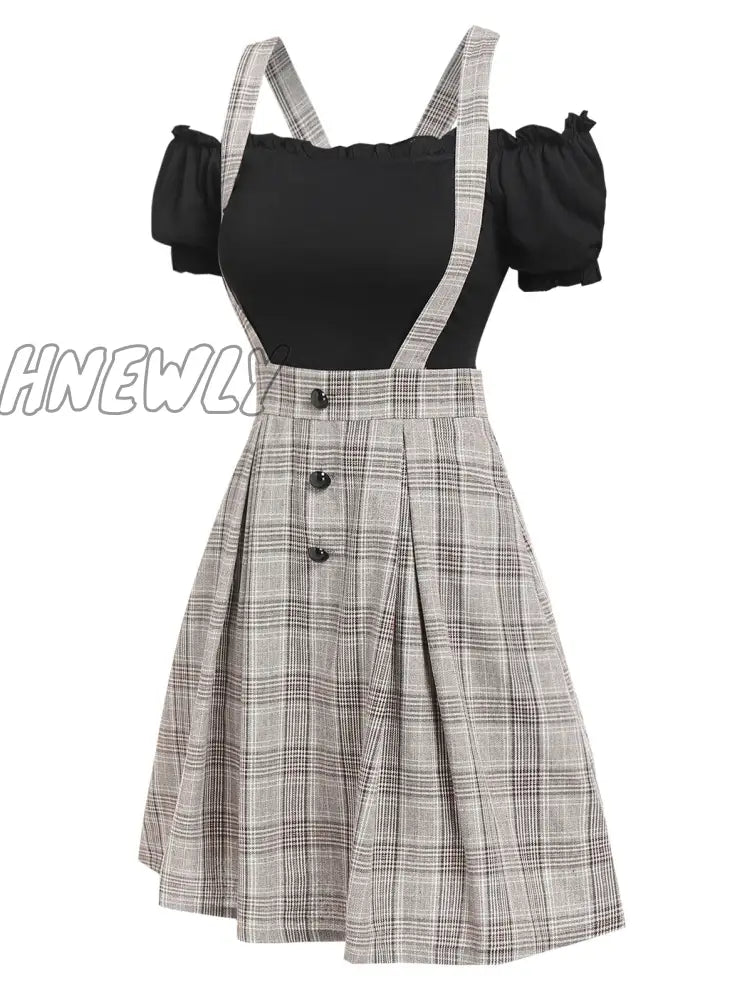 Hnewly Off The Shoulder Tee And Crisscross Plaid Suspender Skirt Set Two Piece Dress Top