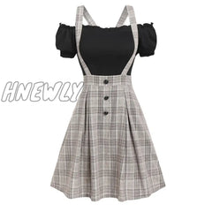 Hnewly Off The Shoulder Tee And Crisscross Plaid Suspender Skirt Set Two Piece Dress Top