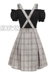 Hnewly Off The Shoulder Tee And Crisscross Plaid Suspender Skirt Set Two Piece Dress Top