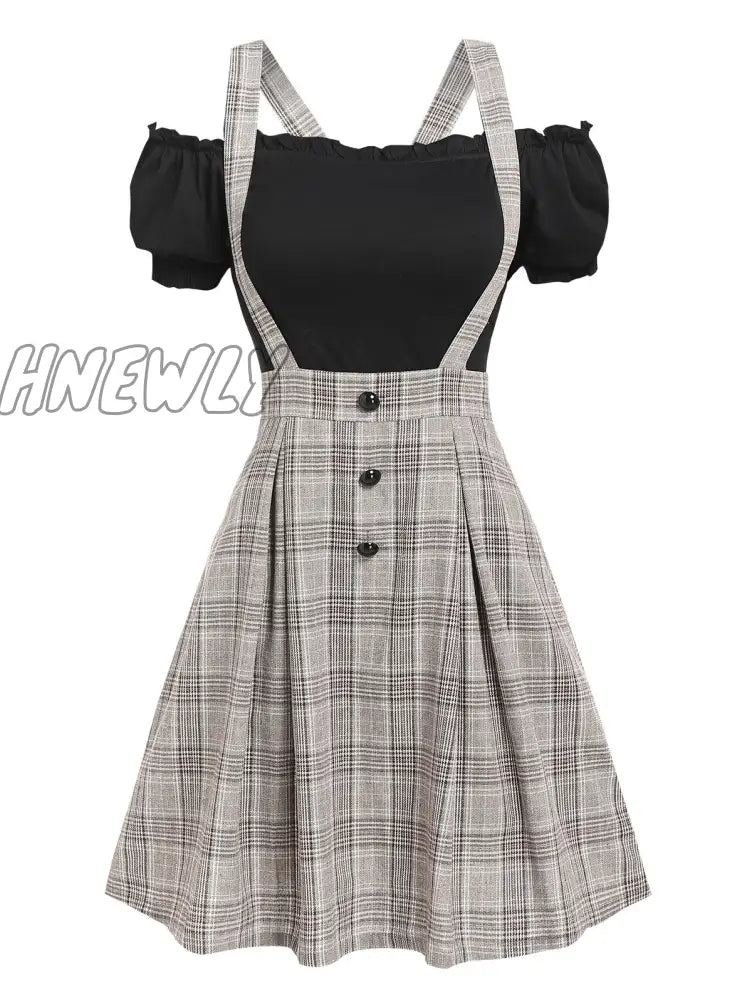 Hnewly Off The Shoulder Tee And Crisscross Plaid Suspender Skirt Set Two Piece Dress Top Multi / S