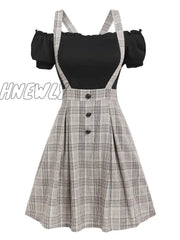 Hnewly Off The Shoulder Tee And Crisscross Plaid Suspender Skirt Set Two Piece Dress Top Multi / S