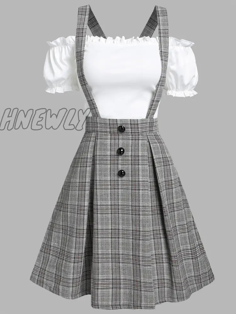 Hnewly Off The Shoulder Tee And Crisscross Plaid Suspender Skirt Set Two Piece Dress Top White / S