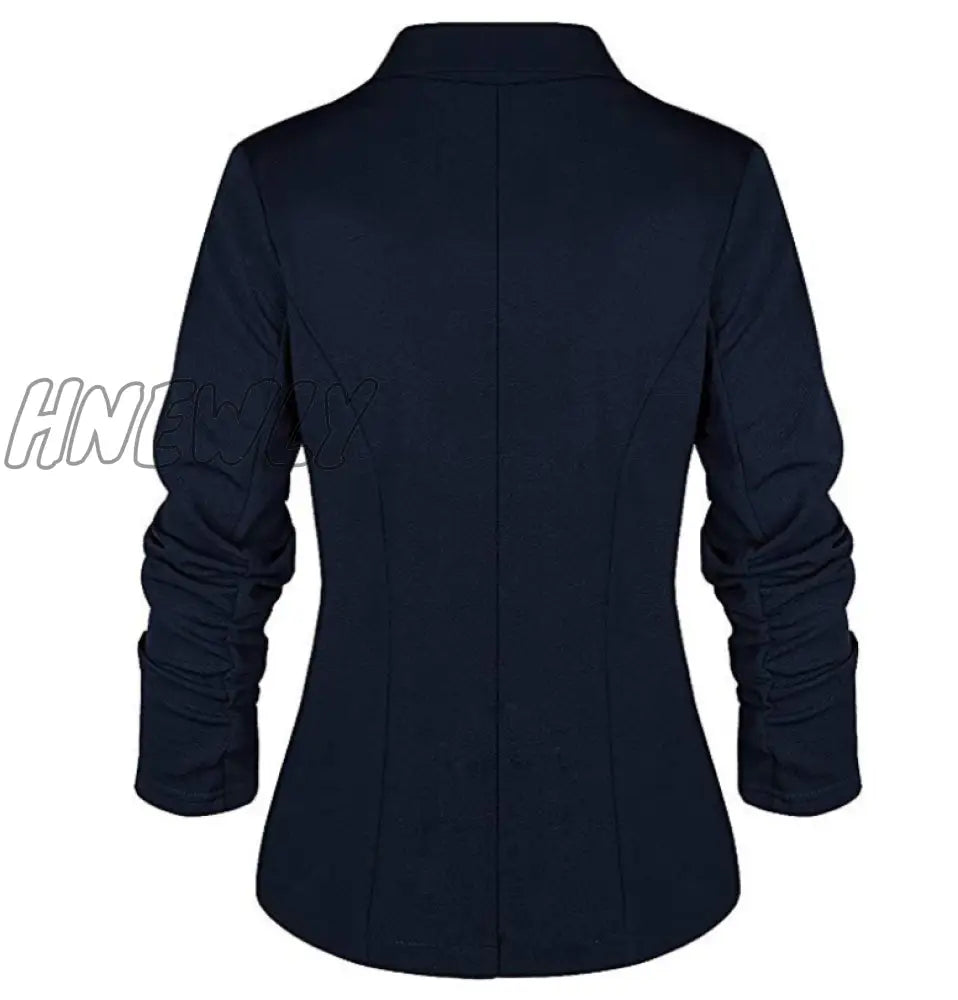 Hnewly Office Lady Blazers Coat Solid Long Sleeves Cardigan Button Casual Suit Navy Blue Draped