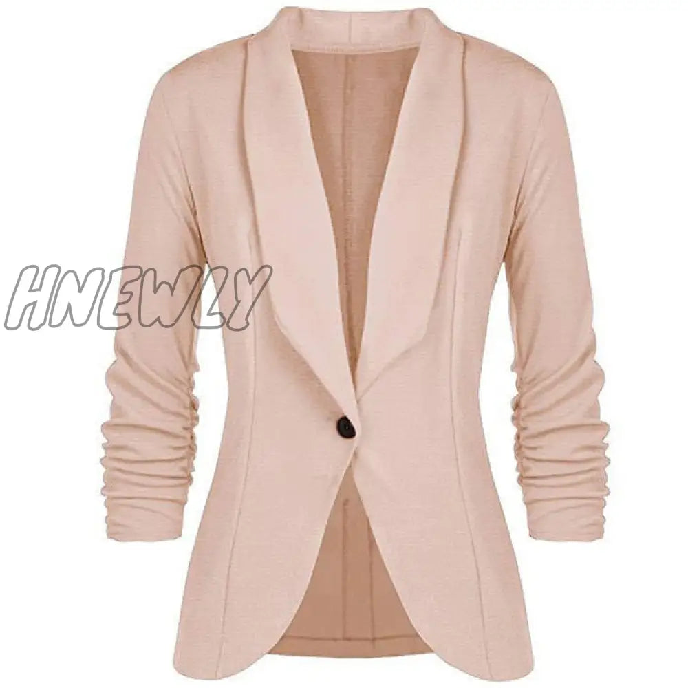 Hnewly Office Lady Blazers Coat Solid Long Sleeves Cardigan Button Casual Suit Navy Blue Draped