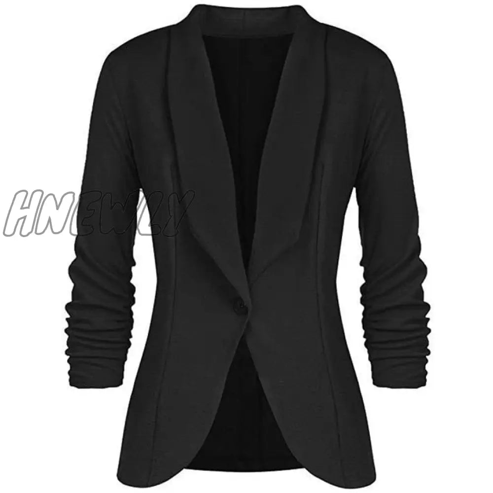 Hnewly Office Lady Blazers Coat Solid Long Sleeves Cardigan Button Casual Suit Navy Blue Draped