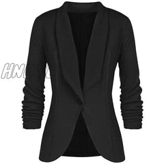 Hnewly Office Lady Blazers Coat Solid Long Sleeves Cardigan Button Casual Suit Navy Blue Draped