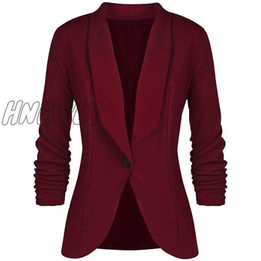 Hnewly Office Lady Blazers Coat Solid Long Sleeves Cardigan Button Casual Suit Navy Blue Draped