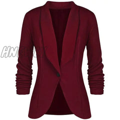 Hnewly Office Lady Blazers Coat Solid Long Sleeves Cardigan Button Casual Suit Navy Blue Draped