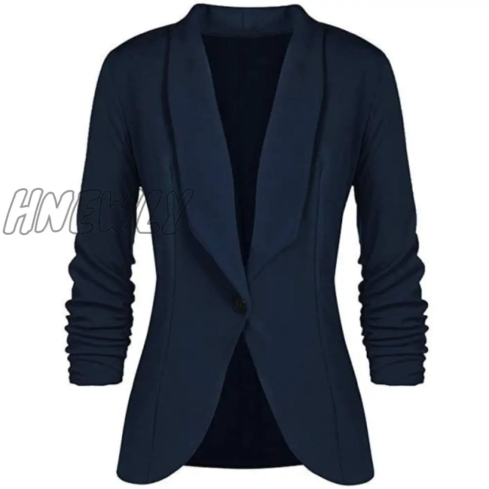 Hnewly Office Lady Blazers Coat Solid Long Sleeves Cardigan Button Casual Suit Navy Blue Draped