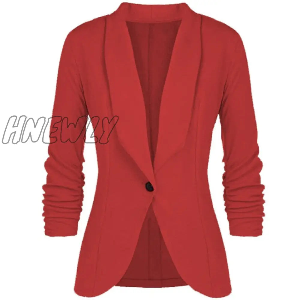 Hnewly Office Lady Blazers Coat Solid Long Sleeves Cardigan Button Casual Suit Navy Blue Draped