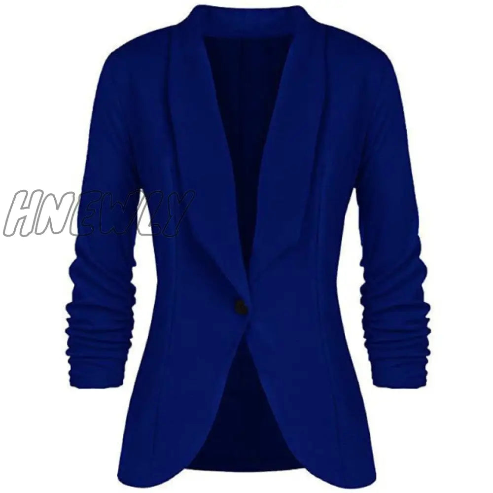 Hnewly Office Lady Blazers Coat Solid Long Sleeves Cardigan Button Casual Suit Navy Blue Draped