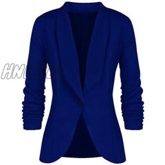 Hnewly Office Lady Blazers Coat Solid Long Sleeves Cardigan Button Casual Suit Navy Blue Draped