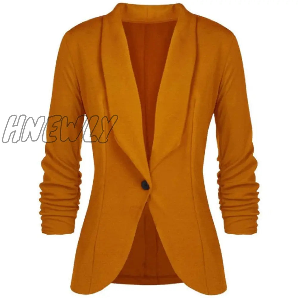 Hnewly Office Lady Blazers Coat Solid Long Sleeves Cardigan Button Casual Suit Navy Blue Draped