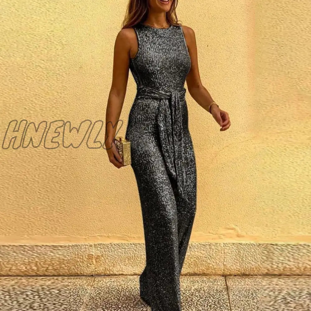 Hnewly Office Lady Sexy Sleeveless Sequin Romper Jumpsuit Women Backless Long Pants Club Glitter