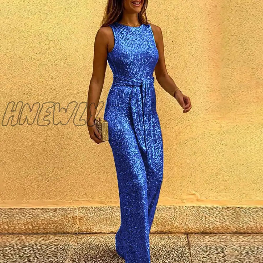 Hnewly Office Lady Sexy Sleeveless Sequin Romper Jumpsuit Women Backless Long Pants Club Glitter