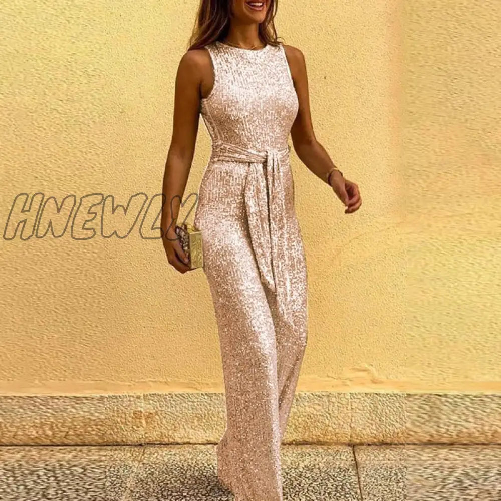 Hnewly Office Lady Sexy Sleeveless Sequin Romper Jumpsuit Women Backless Long Pants Club Glitter