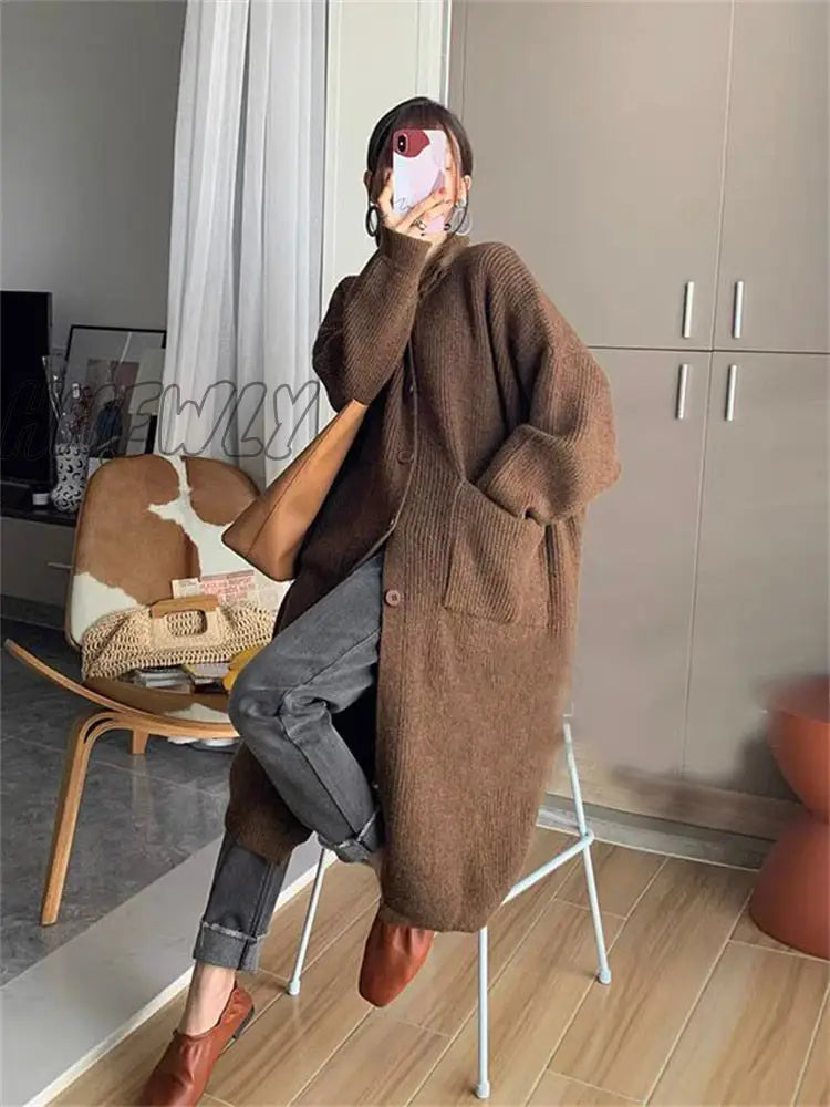 Hnewly Oversized Long Knitted Cardigans For Women Fall Winter Loose Style Button Down Jackets Chic