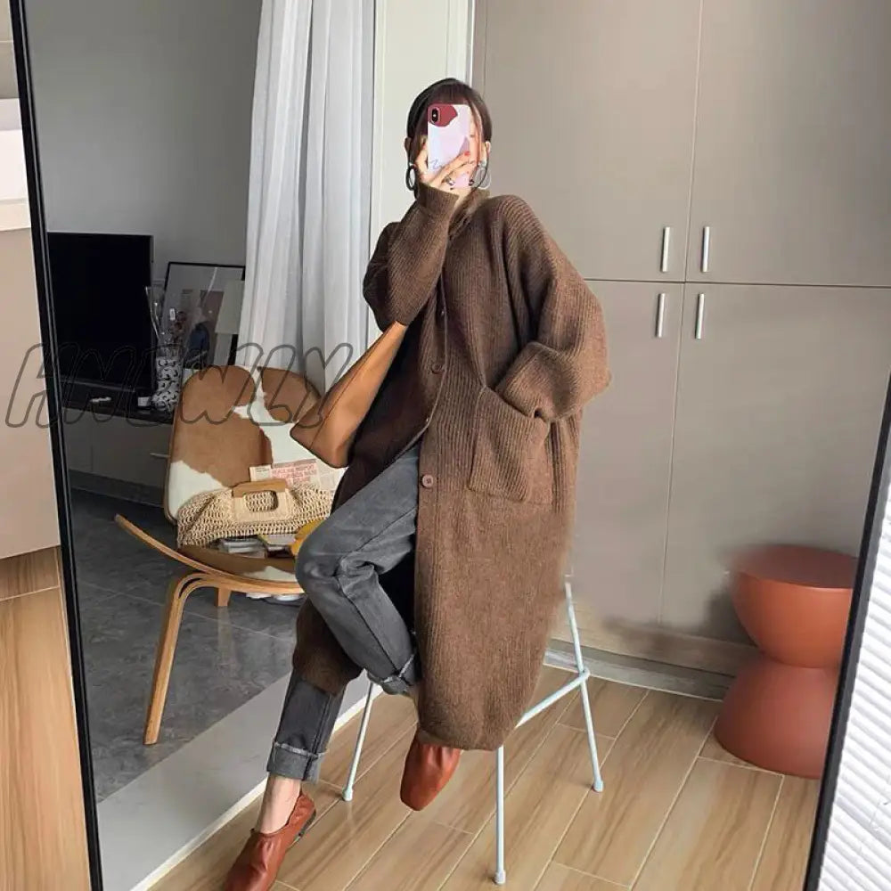 Hnewly Oversized Long Knitted Cardigans For Women Fall Winter Loose Style Button Down Jackets Chic