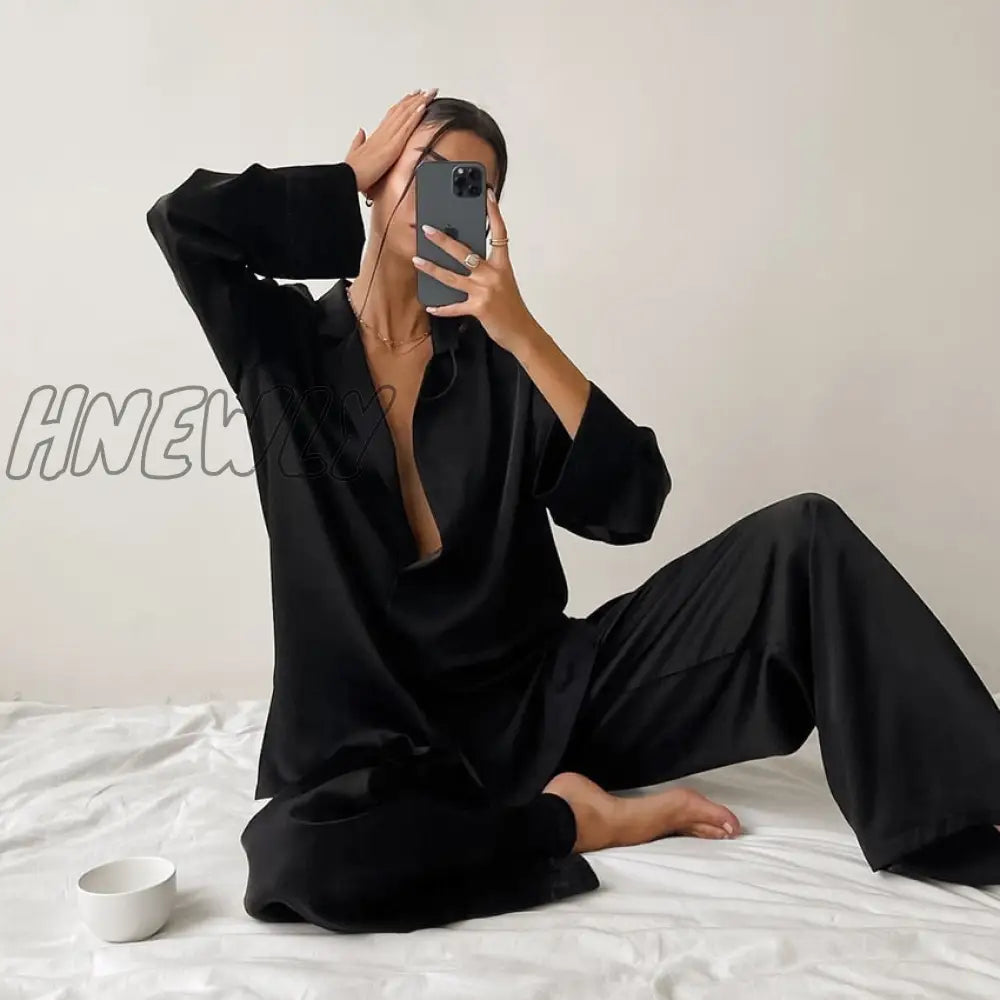 Hnewly Oversized Satin Silk Sleepwear Low Cut Sexy Pajamas For Women Single - Breasted Long Sleeves