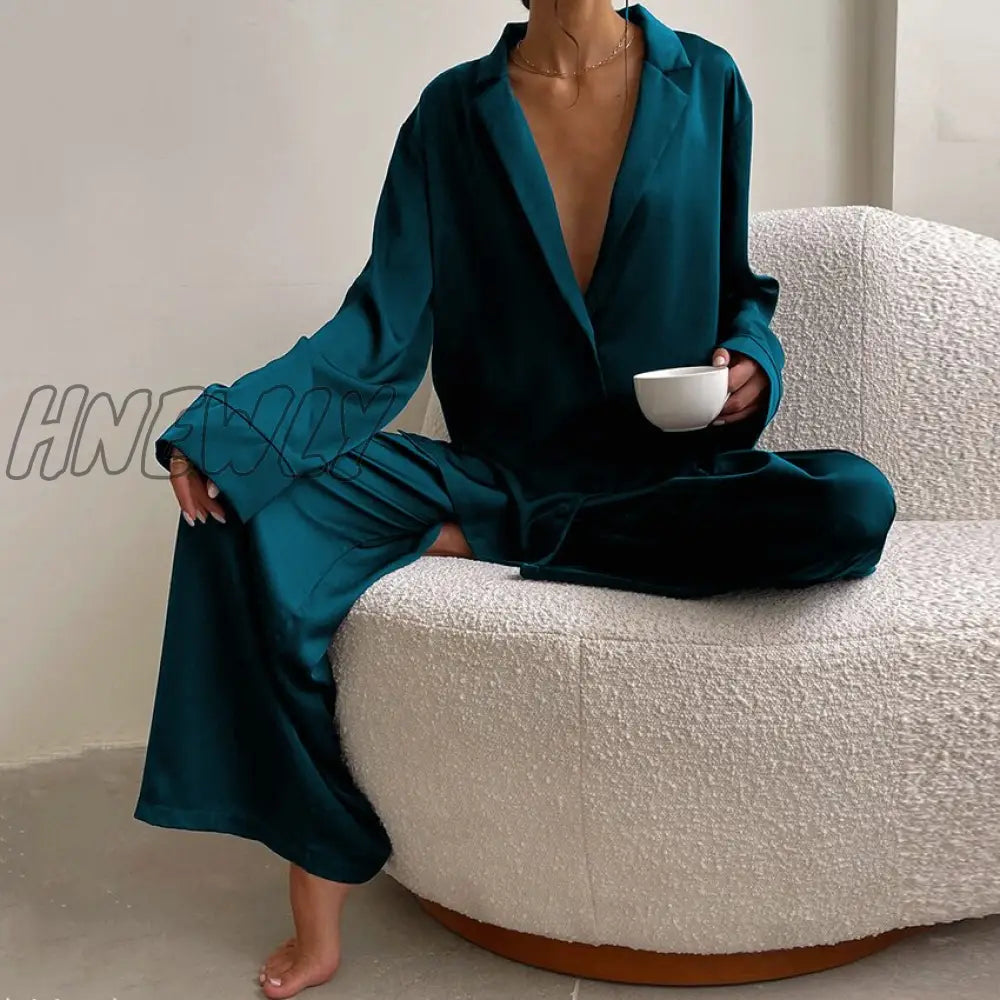 Hnewly Oversized Satin Silk Sleepwear Low Cut Sexy Pajamas For Women Single - Breasted Long Sleeves