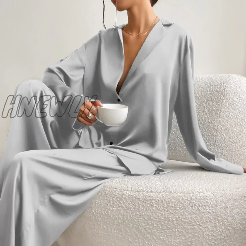 Hnewly Oversized Satin Silk Sleepwear Low Cut Sexy Pajamas For Women Single - Breasted Long Sleeves