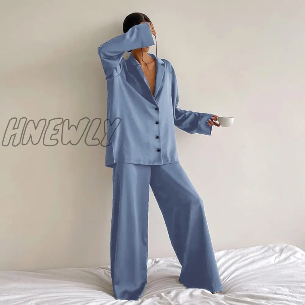 Hnewly Oversized Satin Silk Sleepwear Low Cut Sexy Pajamas For Women Single - Breasted Long Sleeves