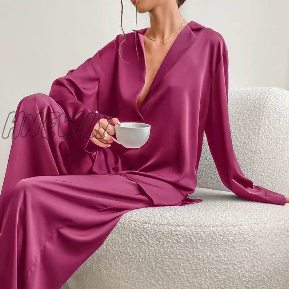 Hnewly Oversized Satin Silk Sleepwear Low Cut Sexy Pajamas For Women Single - Breasted Long Sleeves