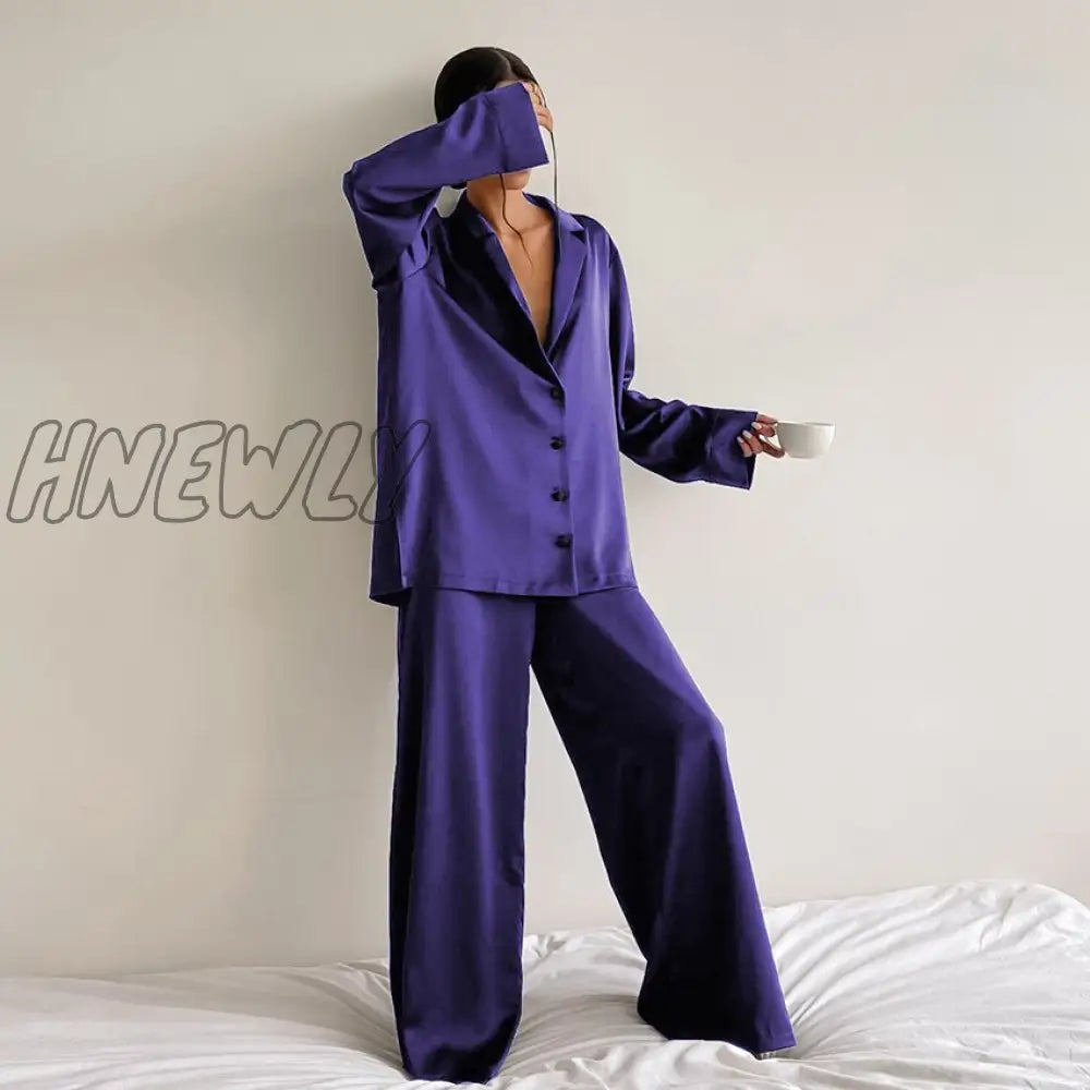 Hnewly Oversized Satin Silk Sleepwear Low Cut Sexy Pajamas For Women Single - Breasted Long Sleeves