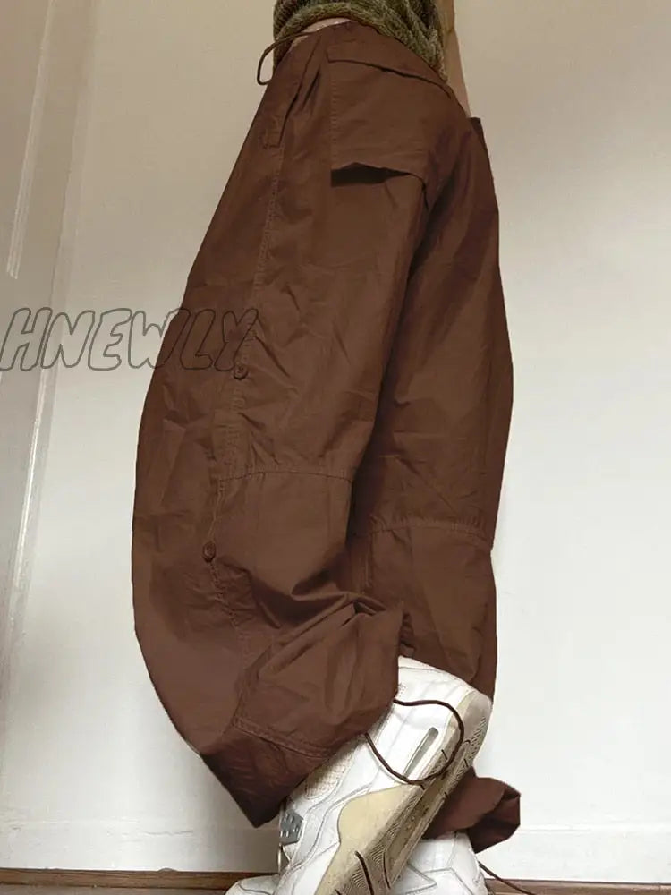 Hnewly Oversized Solid Joggers Tech Pants High Waist Streetwear Fashion Brown Baggy Trousers Y2K