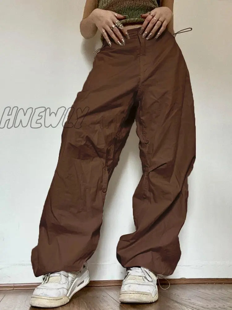 Hnewly Oversized Solid Joggers Tech Pants High Waist Streetwear Fashion Brown Baggy Trousers Y2K