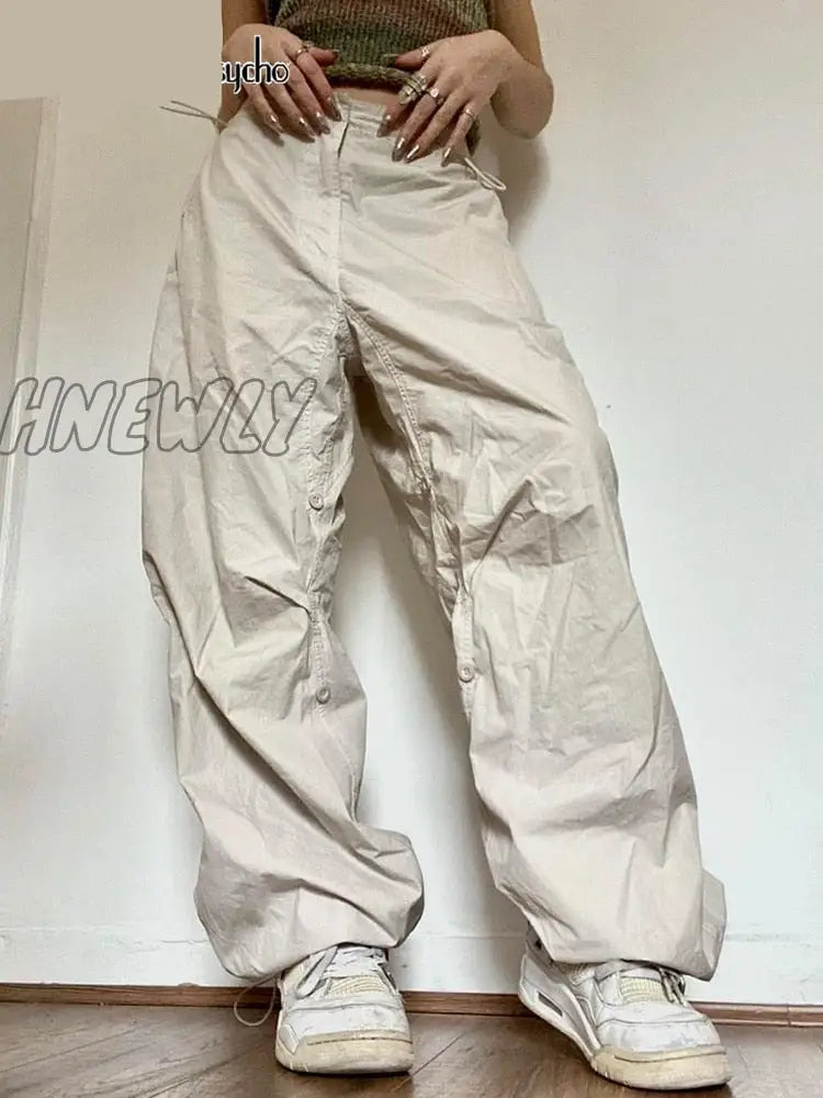 Hnewly Oversized Solid Joggers Tech Pants High Waist Streetwear Fashion Brown Baggy Trousers Y2K