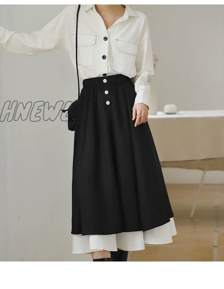 Hnewly Patchwork Skirts Women Spring High Street Elastic Waist All-Match Vintage Ladies Bottom