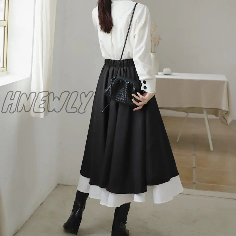 Hnewly Patchwork Skirts Women Spring High Street Elastic Waist All-Match Vintage Ladies Bottom