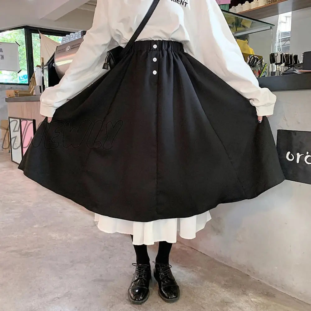 Hnewly Patchwork Skirts Women Spring High Street Elastic Waist All-Match Vintage Ladies Bottom