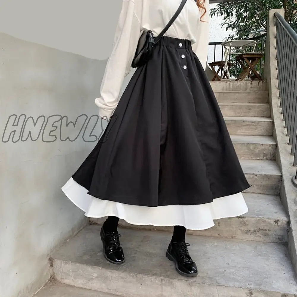 Hnewly Patchwork Skirts Women Spring High Street Elastic Waist All-Match Vintage Ladies Bottom