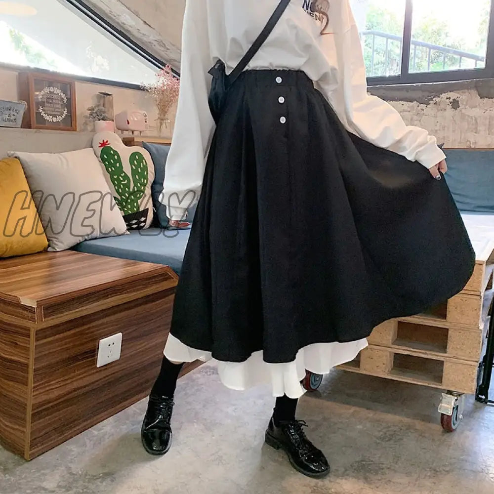 Hnewly Patchwork Skirts Women Spring High Street Elastic Waist All-Match Vintage Ladies Bottom