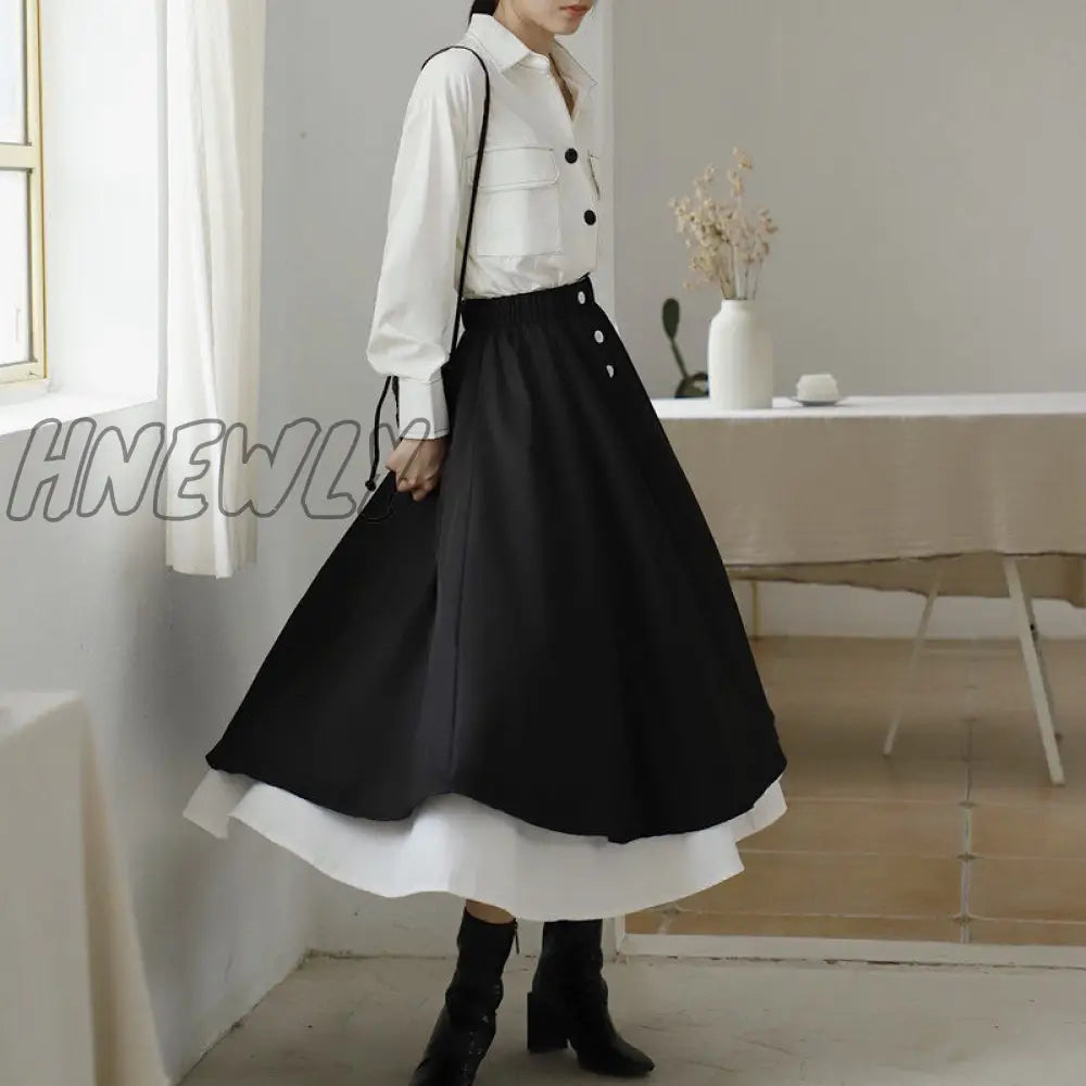 Hnewly Patchwork Skirts Women Spring High Street Elastic Waist All-Match Vintage Ladies Bottom