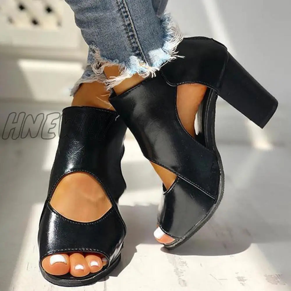 Hnewly Peep Toe Cut Out Ankle Boots Chunky Block Heel Booties