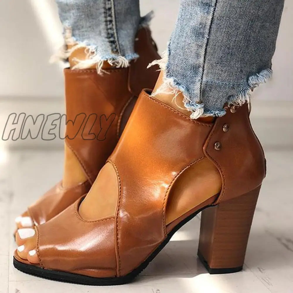 Hnewly Peep Toe Cut Out Ankle Boots Chunky Block Heel Booties