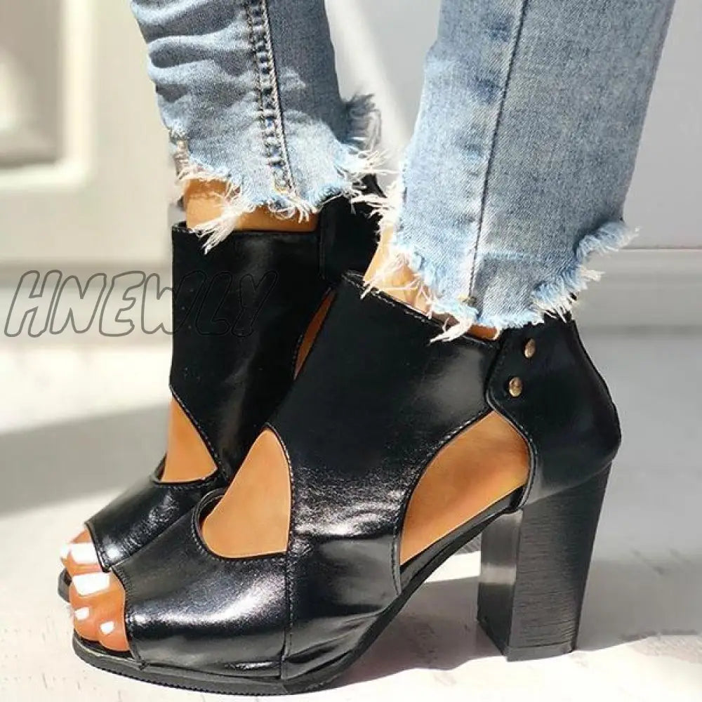 Hnewly Peep Toe Cut Out Ankle Boots Chunky Block Heel Booties