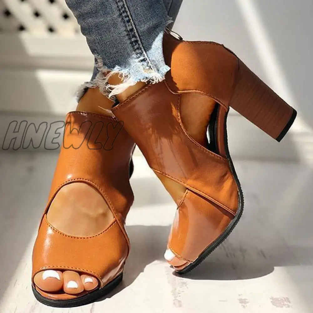 Hnewly Peep Toe Cut Out Ankle Boots Chunky Block Heel Booties