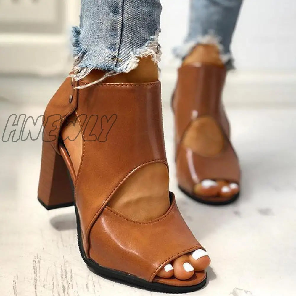 Hnewly Peep Toe Cut Out Ankle Boots Chunky Block Heel Booties Brown / 5