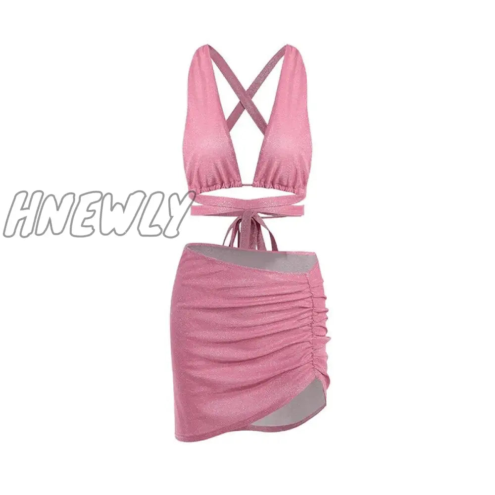 Hnewly Pink 2 Piece Cut Out Evening Prom Bodycon Mini Skirts And Top Sets Sexy Club Wear Rave