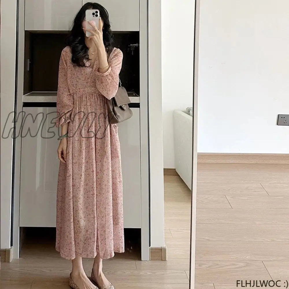 Hnewly Pink Romantic Long Fairy Dresses 2024 Summer French Design Women Holiday Chiffon Flower