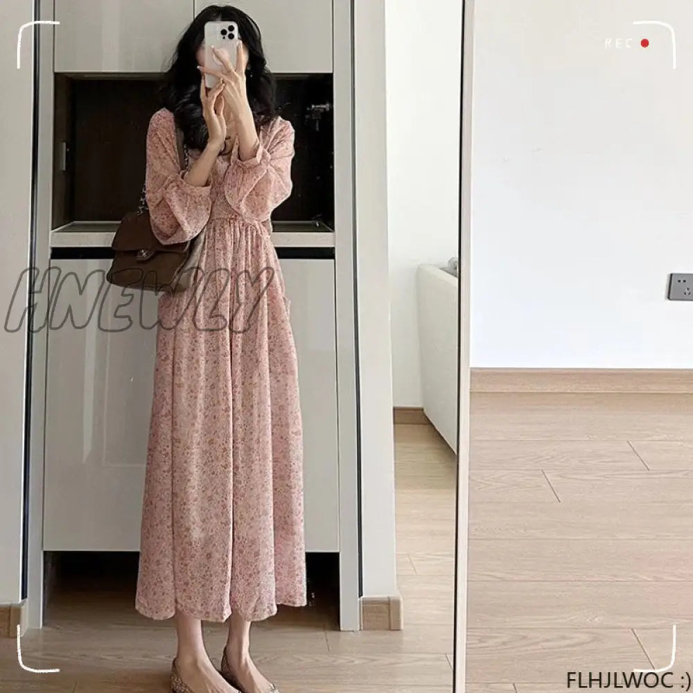 Hnewly Pink Romantic Long Fairy Dresses 2024 Summer French Design Women Holiday Chiffon Flower